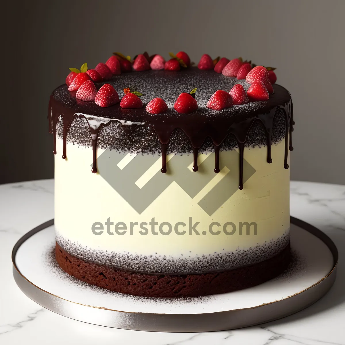 Picture of Pink cupcake with chocolate frosting and fruit decoration.