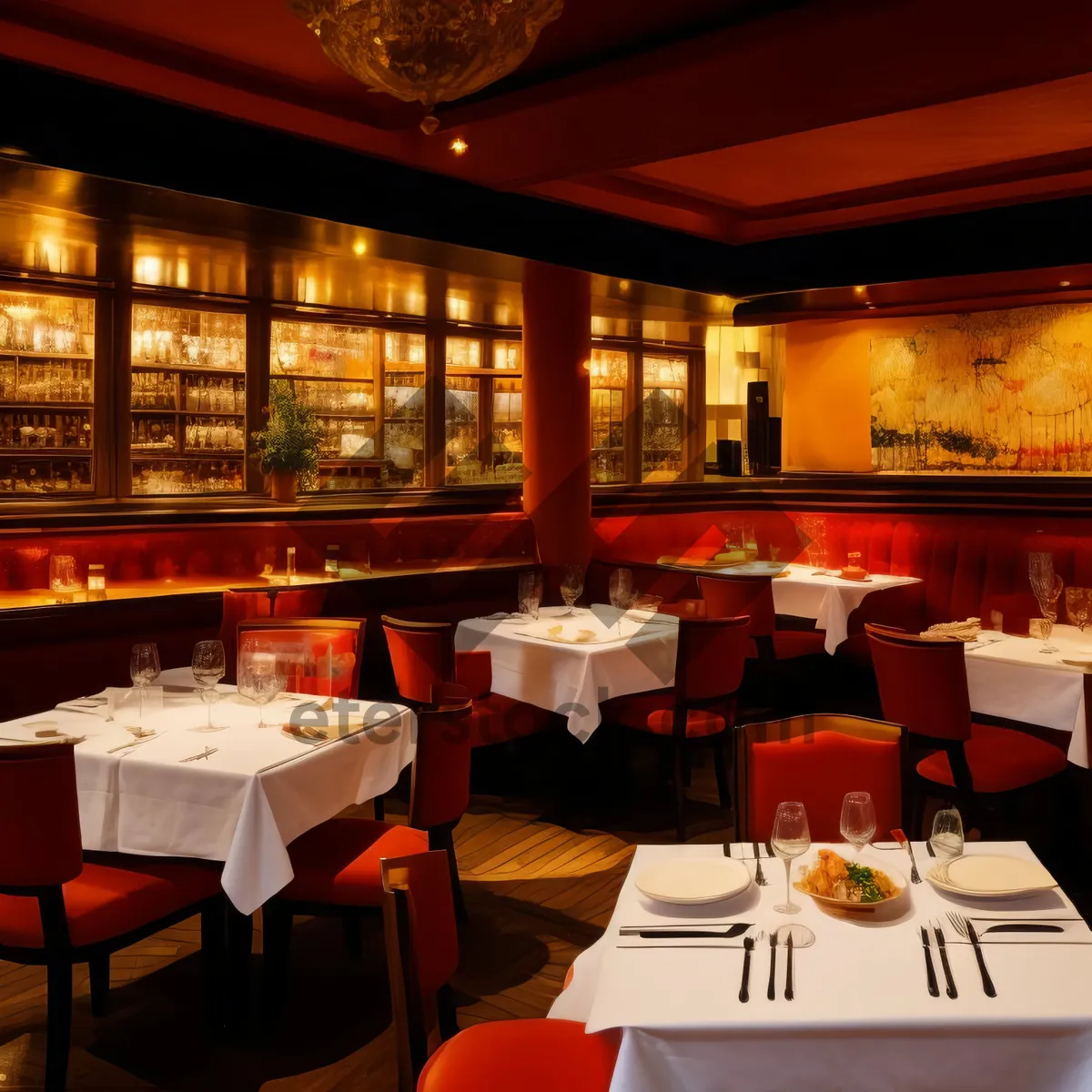 Picture of Modern dining restaurant interior design with wooden furniture.