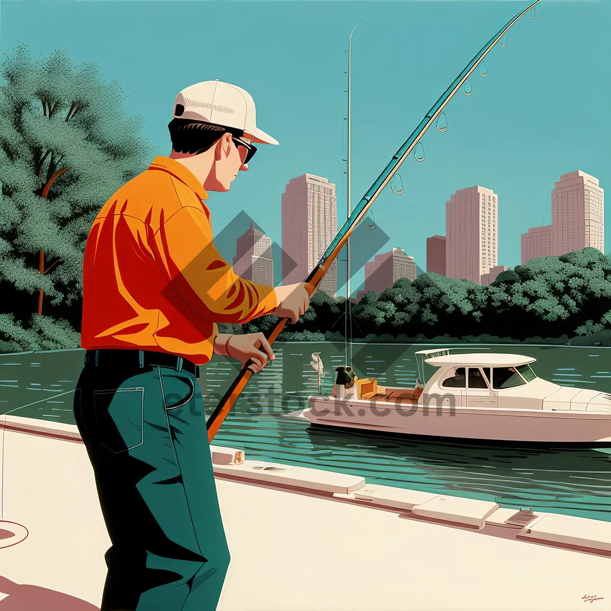 Picture of Active Fisherman with Golf Equipment on Summer Vacation