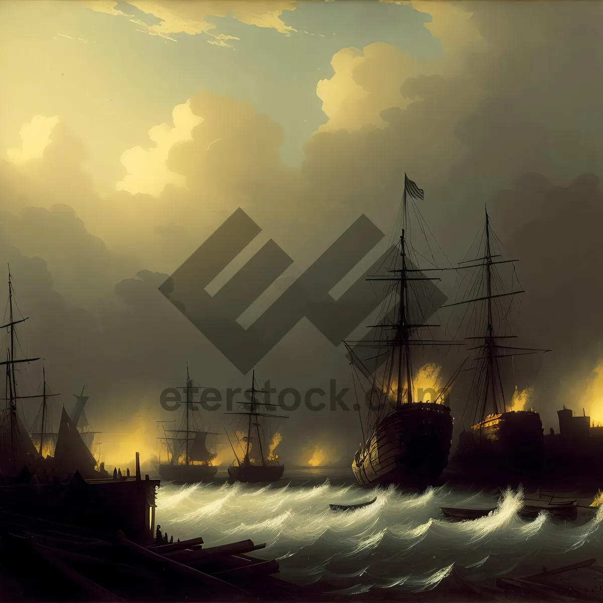 Picture of Sailing Ship at Sunset with Electrical Transmission Tower