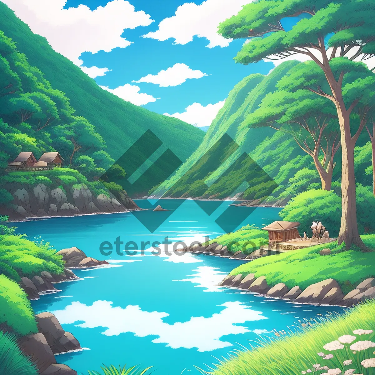 Picture of Serene Summer Scene: Tranquil Tree-lined Waterscape amidst Lush Greenery