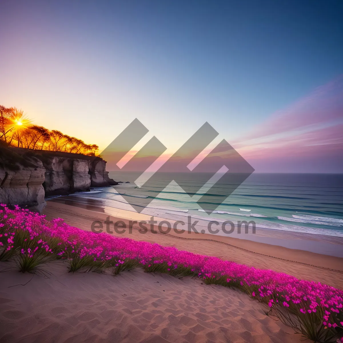 Picture of Golden Seaside Sunset over Ocean Waves