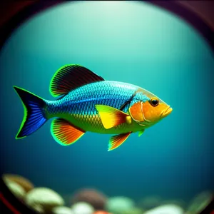 Colorful goldfish swimming in aquarium bowl.