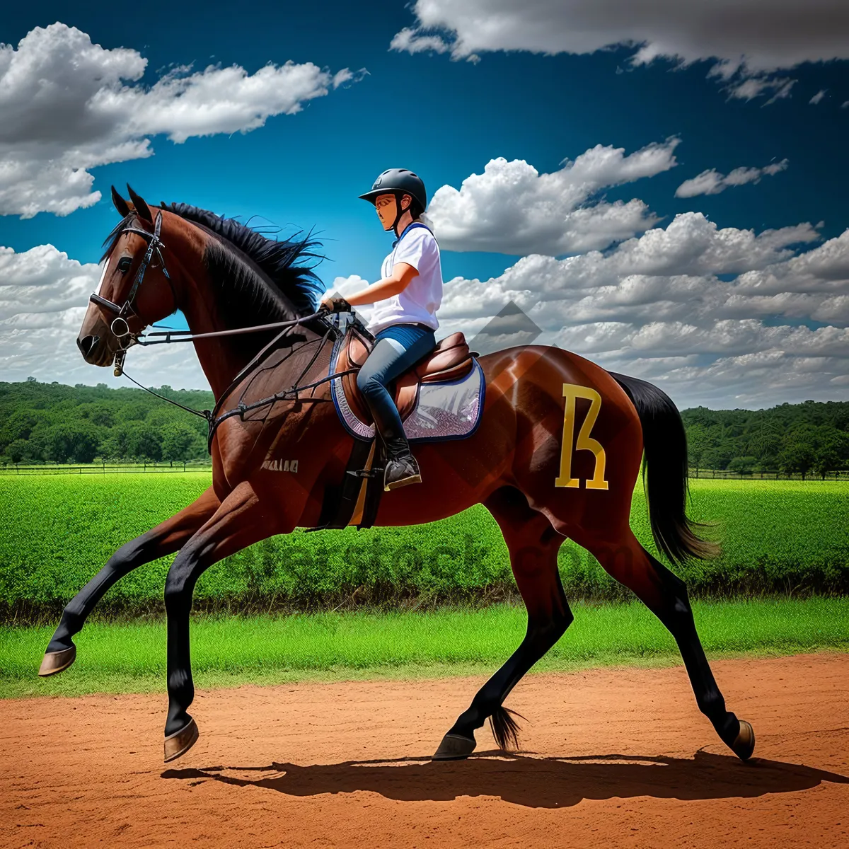 Picture of Thoroughbred horse riding with polo mallet