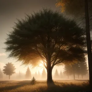 Glowing Sunset Over Autumn Forest