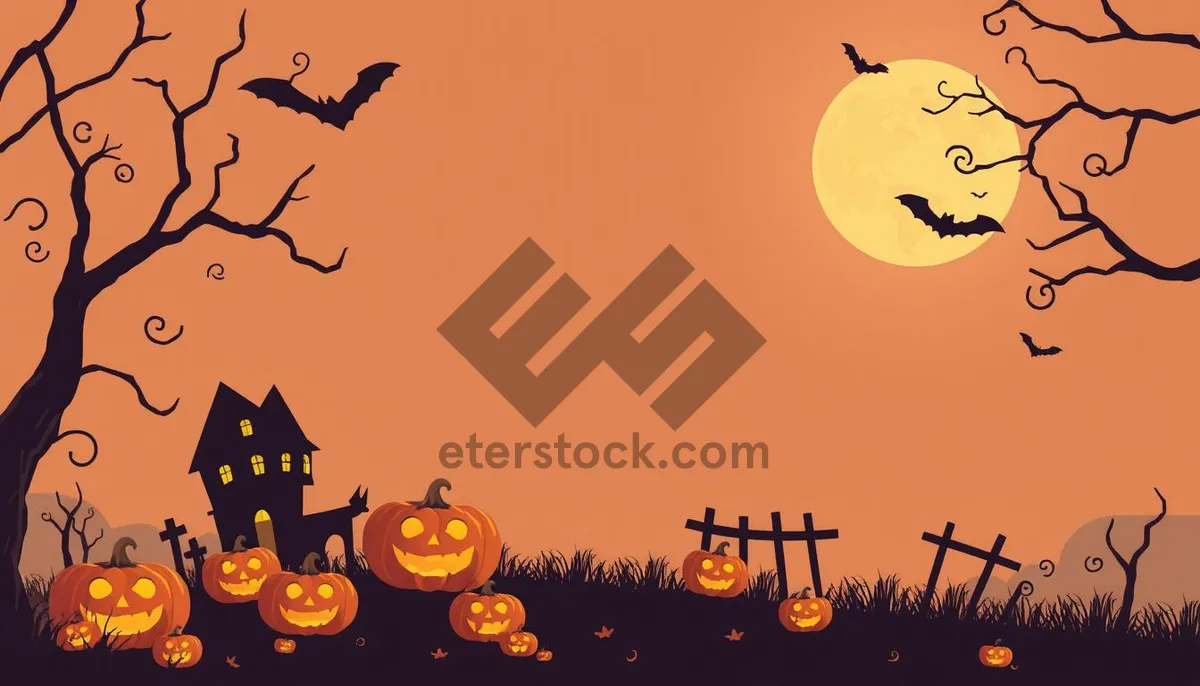 Picture of Spooky Halloween Night Silhouette at Cemetery under Moon