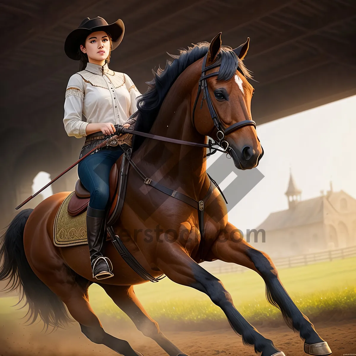 Picture of Professional Cowboy Riding Brown Thoroughbred Stallion