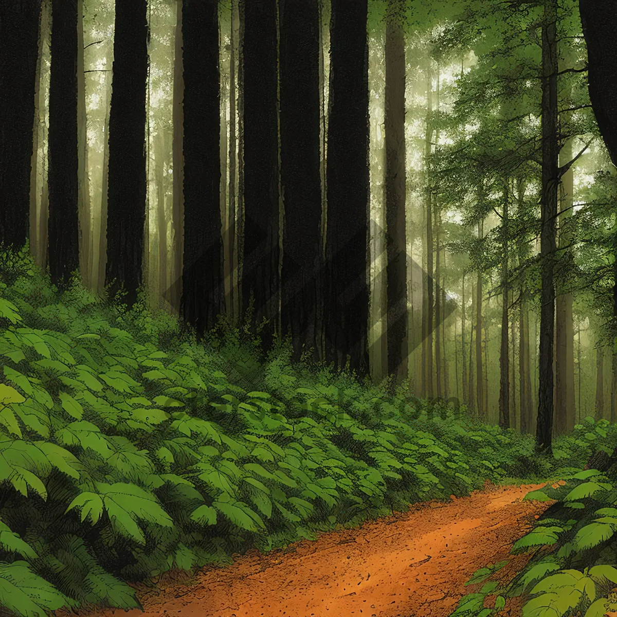 Picture of Sunlit Forest Path through Lush Greenery