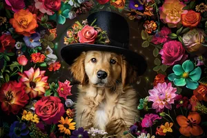 Cute retriever dog with feather boa and scarf