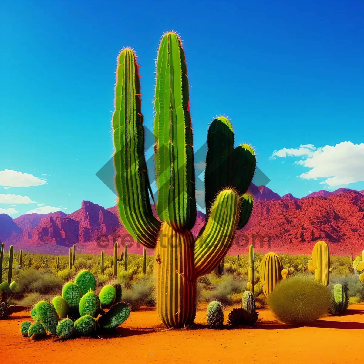 Picture of Desert Field: Saguaro Cactus in Rural Landscape.