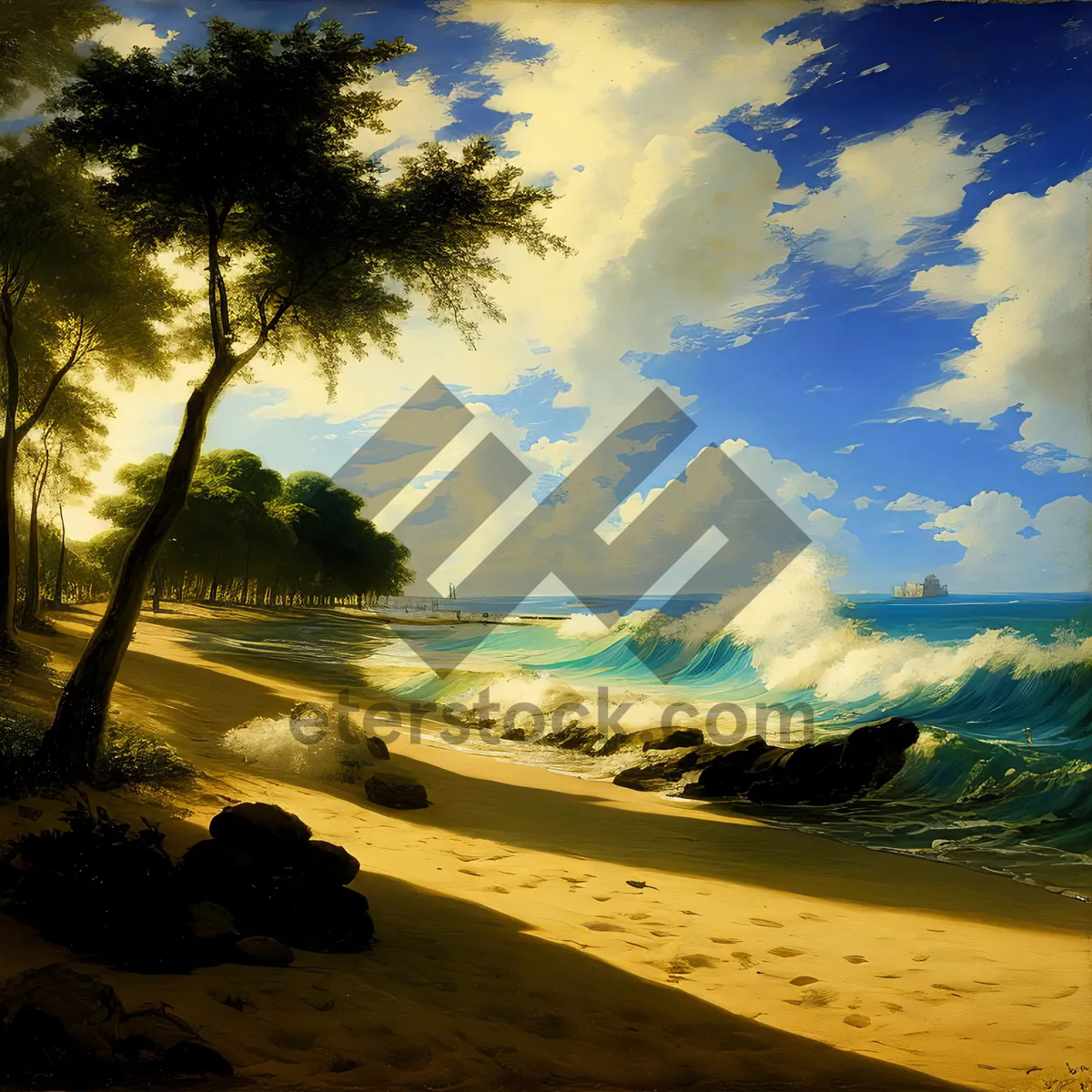 Picture of Serene Sunset Beachscape with Palm Trees