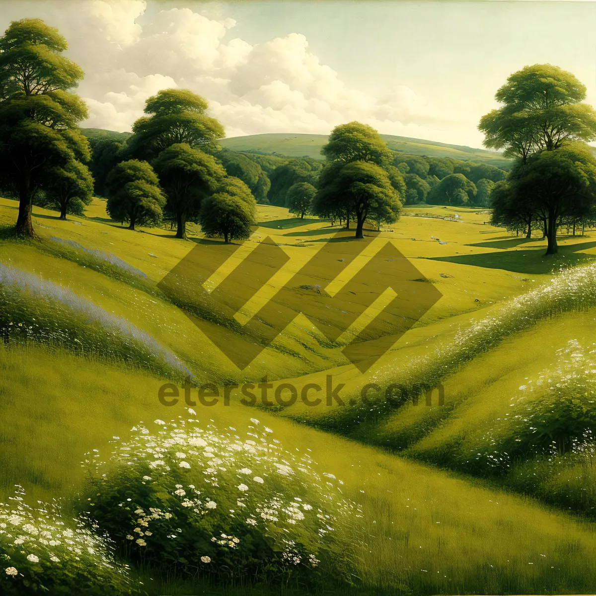 Picture of Serene Summer Landscape with Lush Green Fields