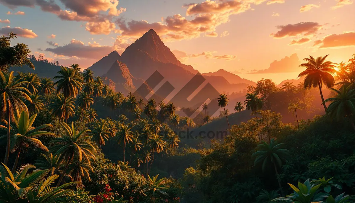 Picture of Breathtaking sunset over autumn park and mountains.