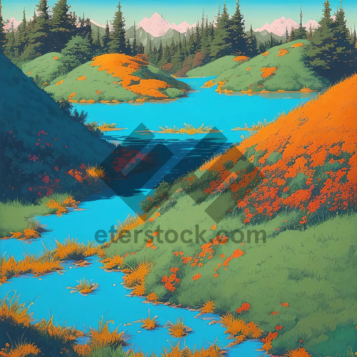 Picture of Scenic Mountain Valley with Colorful Flowers