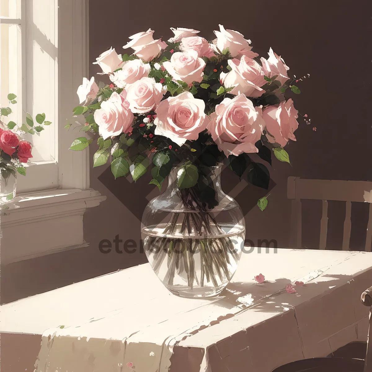 Picture of Romantic Pink Rose Bouquet in Wedding Vase