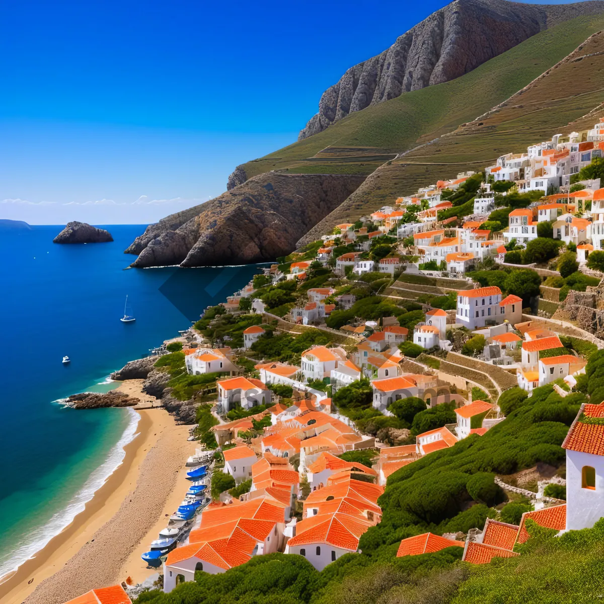 Picture of Coastal Village Serenity: Aerial View of Charming Seaside Town