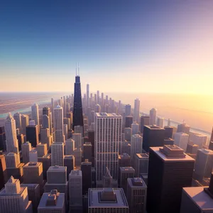 Urban Skyline at Sunset: Vibrant Cityscape with Skyscrapers and River Reflection