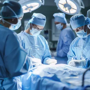 Medical team wearing masks and helmets in hospital.