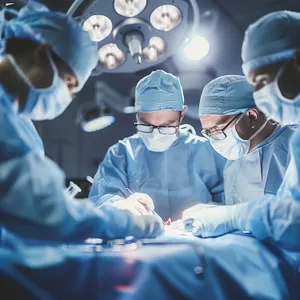 Professional medical team in hospital surgery room.