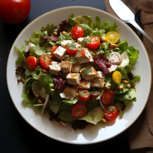 Gourmet salad with grilled chicken and fresh vegetables