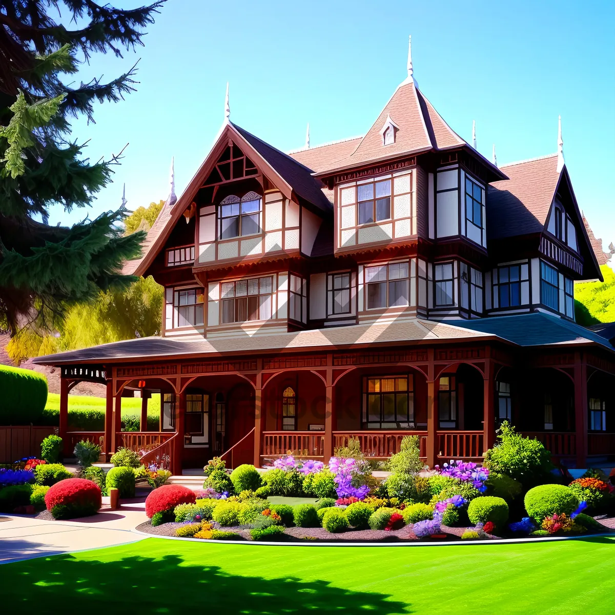 Picture of Modern Brick Villa with Sprawling Lawn and Blue Sky