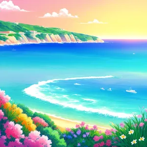 Tranquil Coastal Paradise: Sun-Kissed Beach beneath a Colorful Sunset