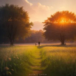 Vibrant Celestial Sunset Over Rural Meadow