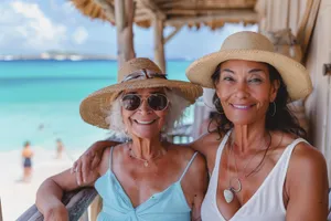 Happy couple at the beach in sombreros and bikini