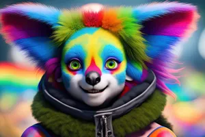 Comedian in colorful costume with expressive eyes