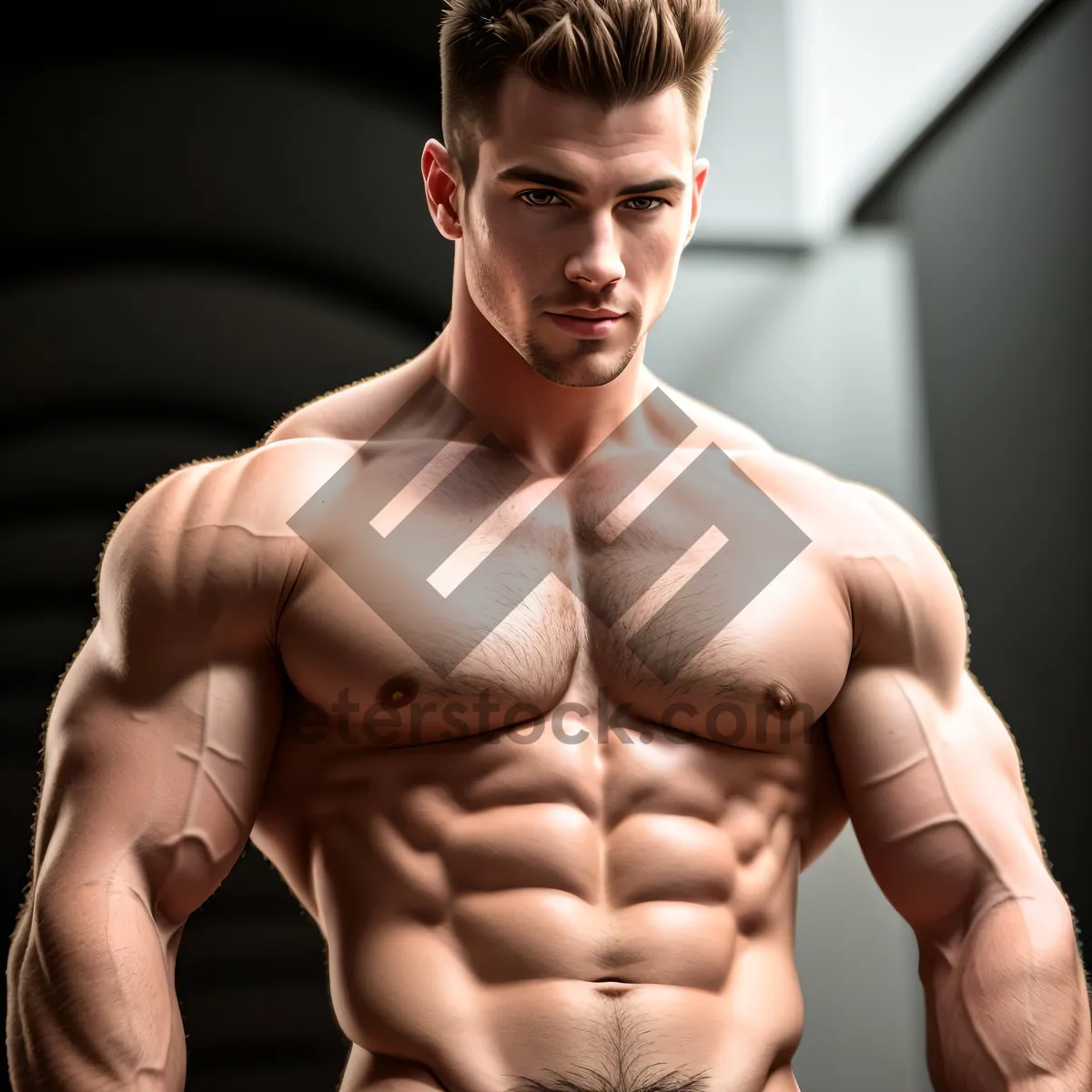 Picture of Muscular and Handsome Shirtless Bodybuilder in Black