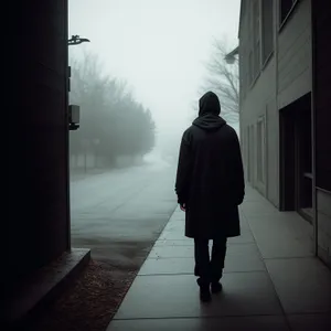 Cloaked Man Walking on City Sidewalk