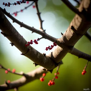 Red Silk-Cotton Tree Branch with Bird in Spring