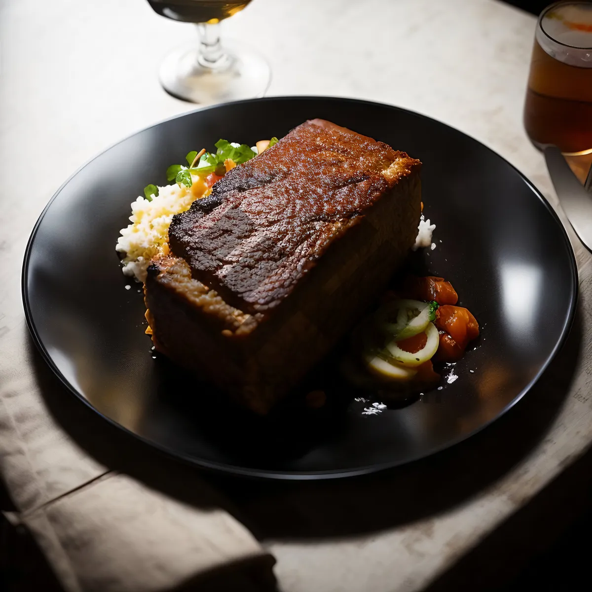 Picture of Grilled Steak with Vegetable Salad and Chocolate Sauce