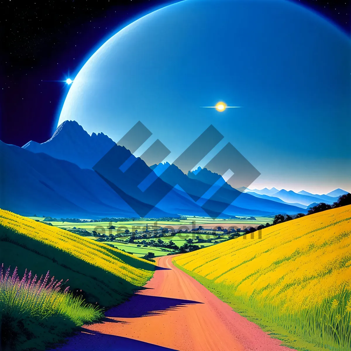 Picture of Serenity on the Hill: Panoramic Rural Landscape Under a Colorful Sky