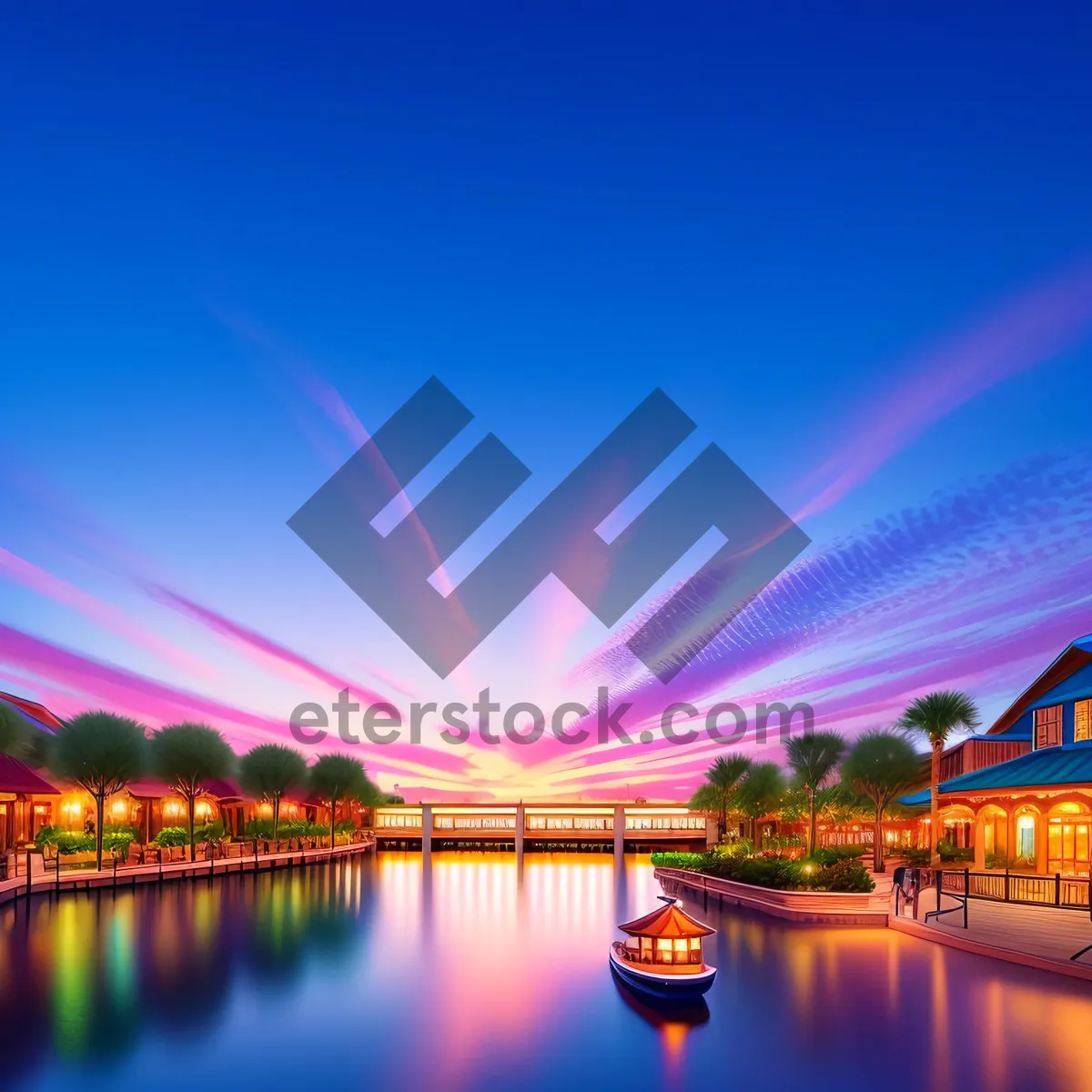 Picture of Luminous Marina Skyline: Captivating Waterside Wallpaper in Artistic Design