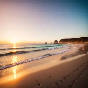 Golden Beach Sunset over Ocean - Tranquil Coastal Landscape