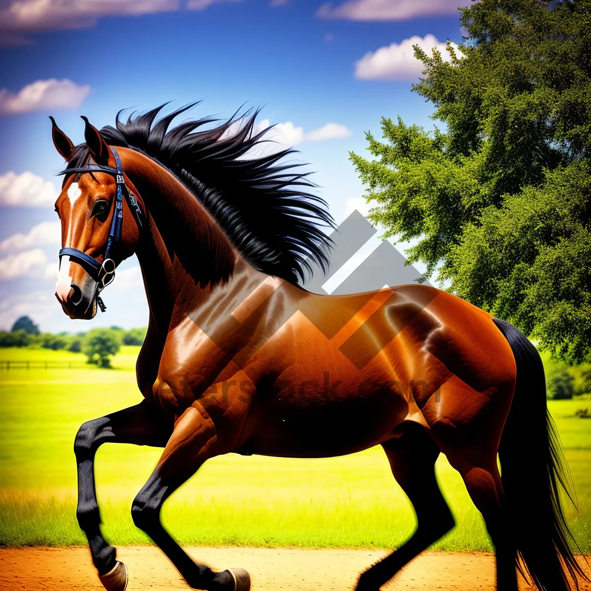 Picture of Thoroughbred Stallion Galloping in Meadow