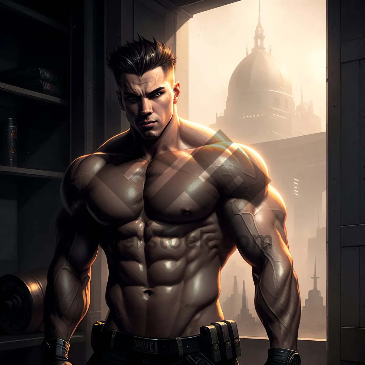 Picture of Strong and Attractive Male Bodybuilder in Black Body Armor