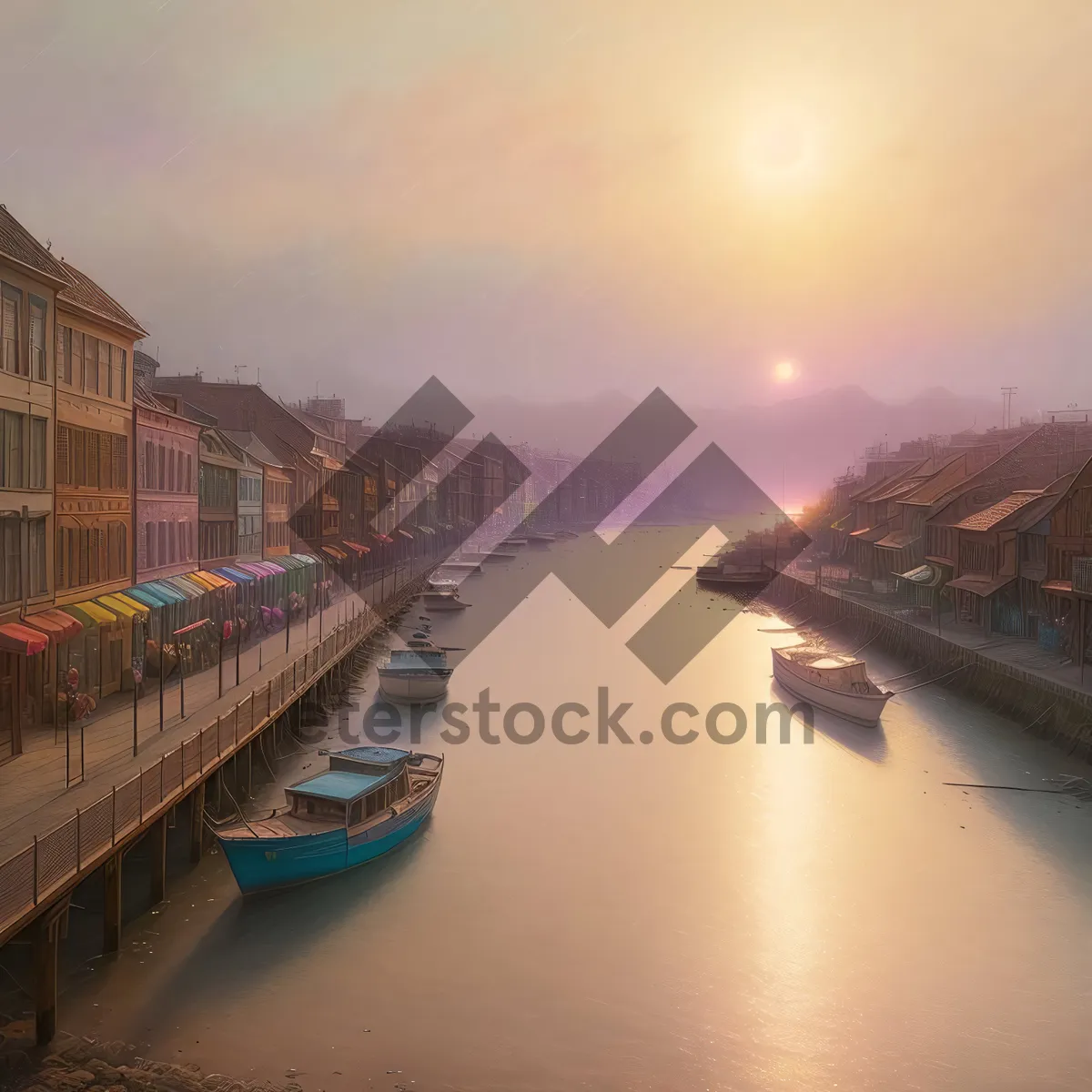 Picture of Pier at Waterfront: City's Reflection on River