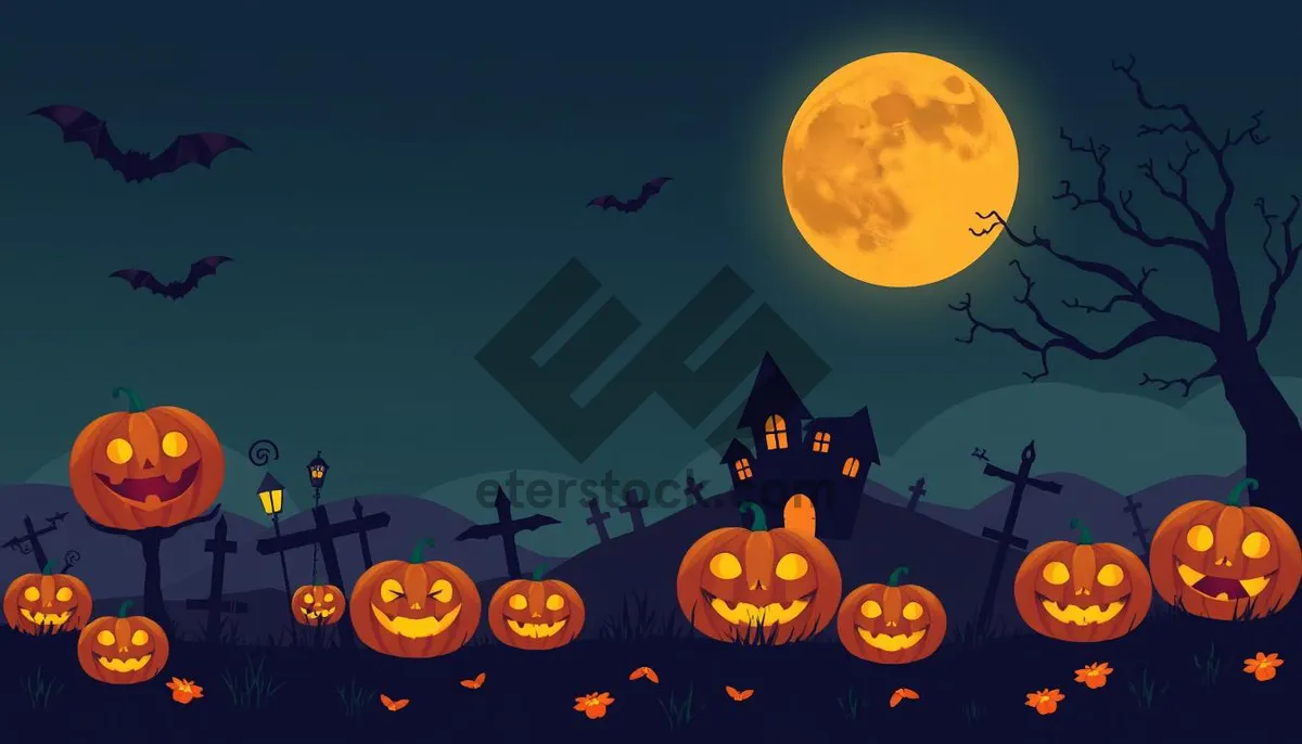 Picture of Silhouette moon with pumpkin and stars in cemetery.