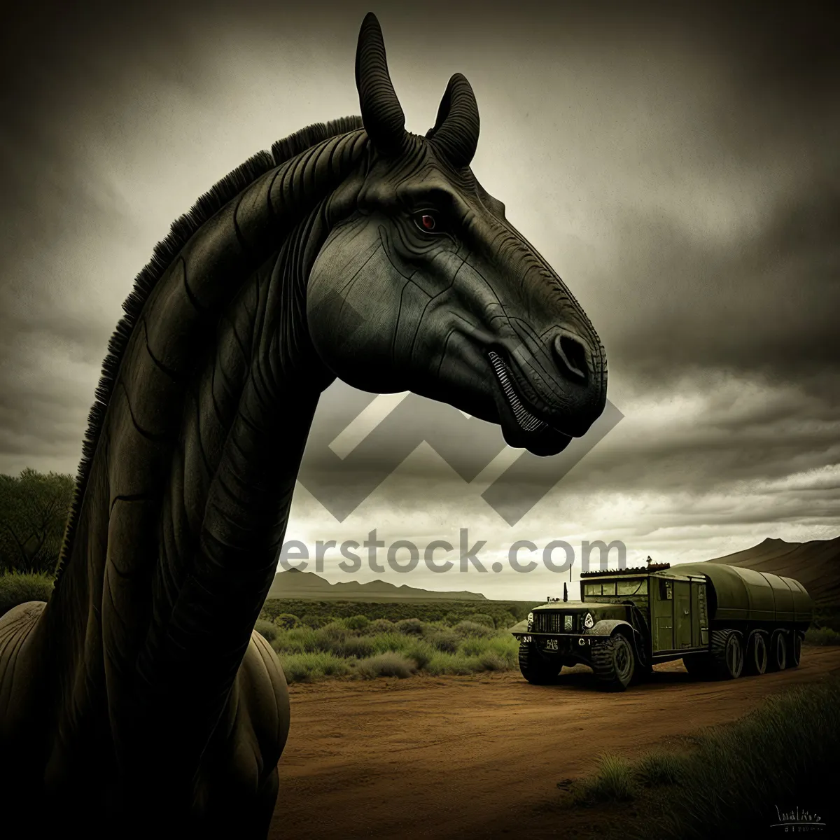 Picture of Beautiful Brown Stallion Grazing in Rural Meadow