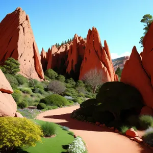 Scenic Mountain Landscape with Orange Trees and Rocks.