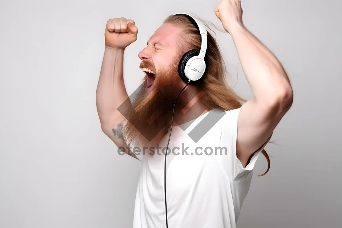 Picture of A Caucasian man energetically dancing with headphones on, his body moving to the rhythm, radiating happiness and positivity, isolated on perfect white background.