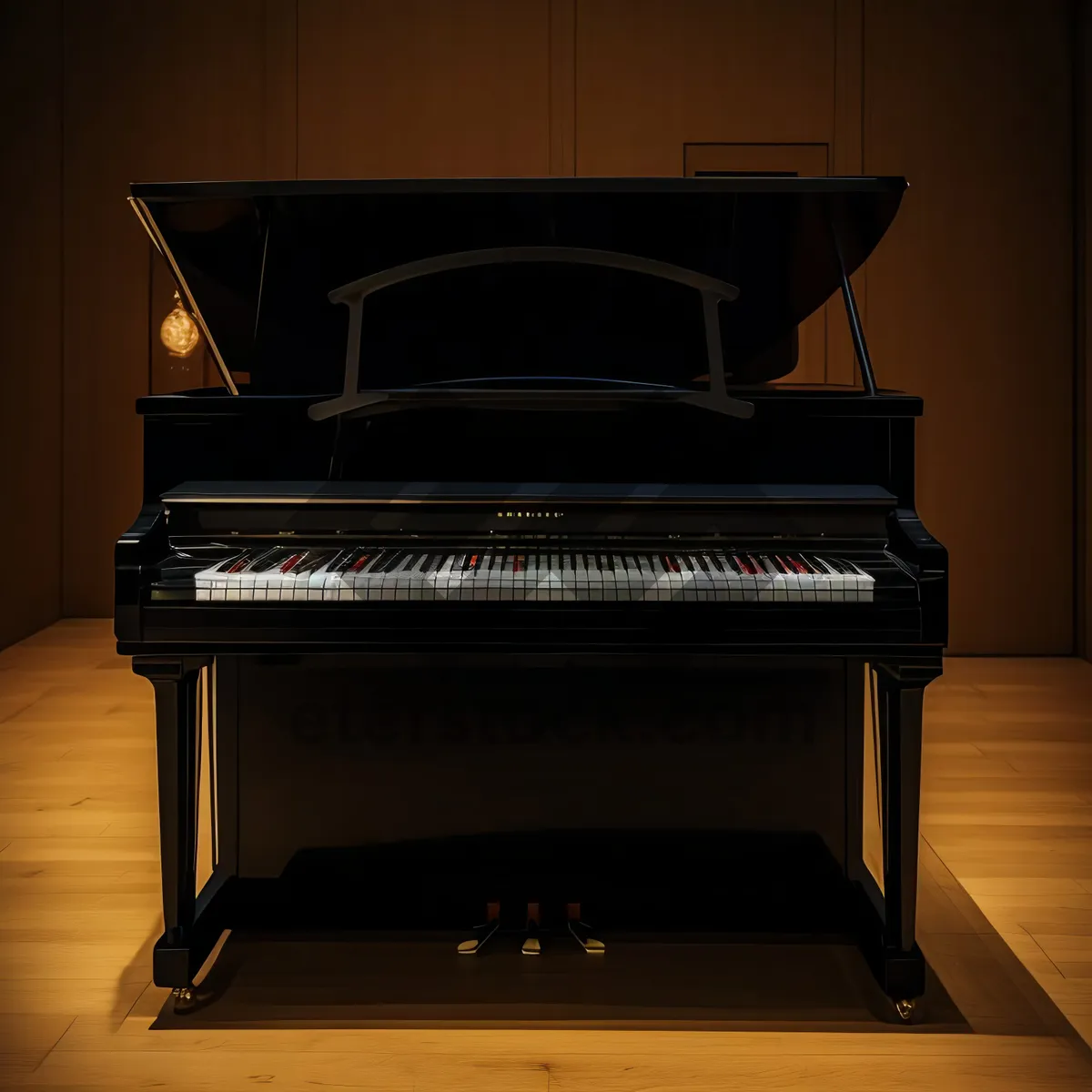 Picture of Black grand piano in home music room spotlight