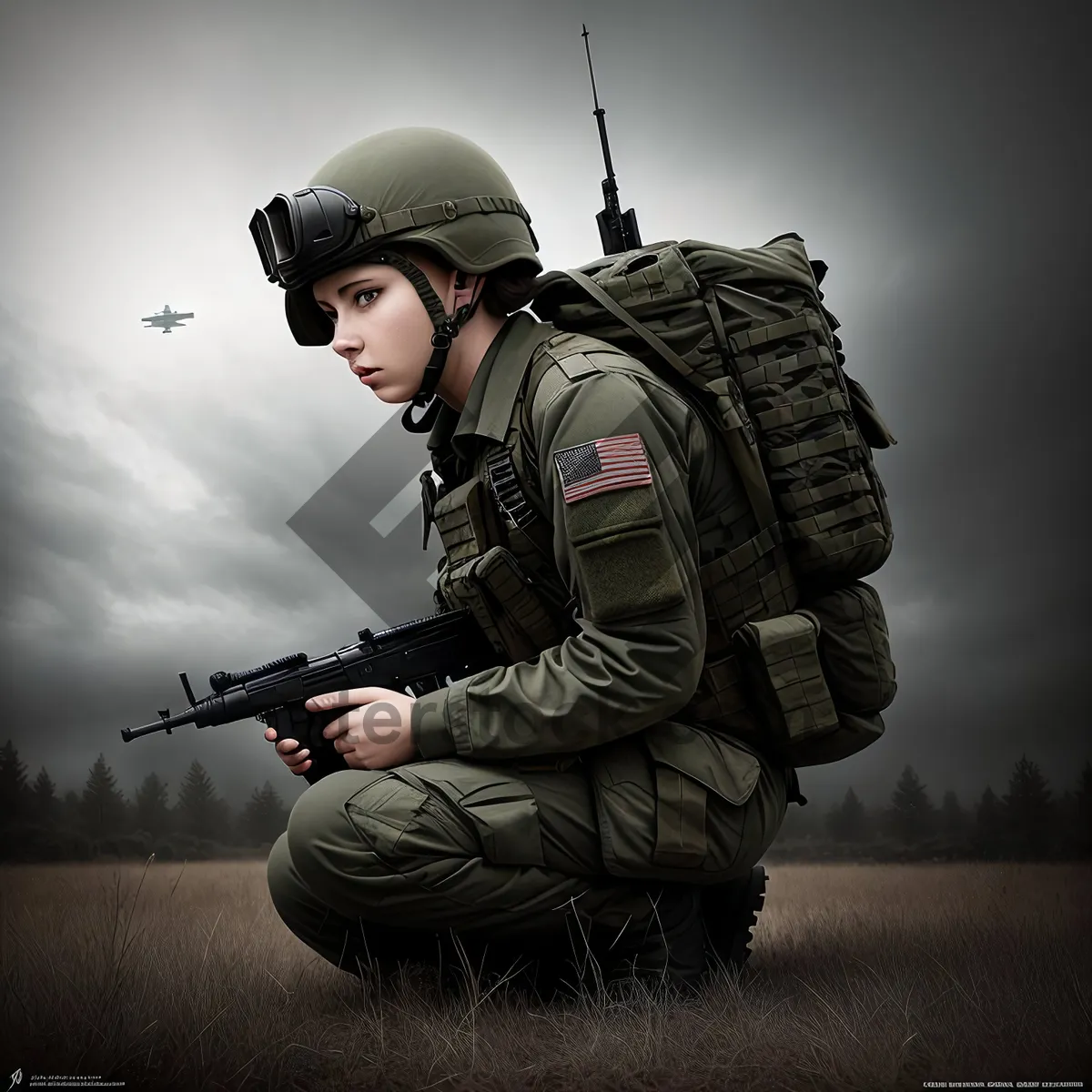 Picture of Combat-ready soldier with assault rifle and protective gear