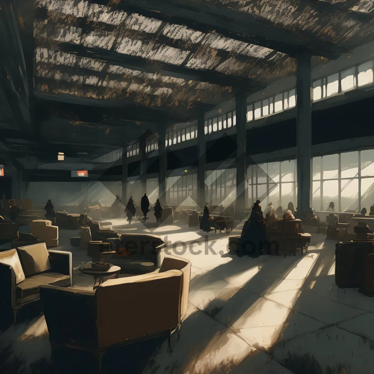 Picture of Modern interior design of a restaurant hall with chairs and tables.