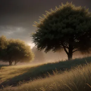 Serene Sunset Over Rural Landscape with Tree