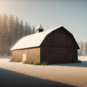 Rustic Winter Farmhouse nestled among Snowy Trees