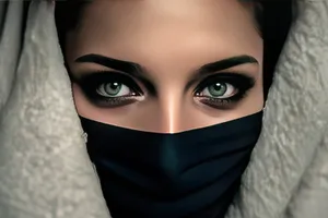 Stylish model in ski mask and makeup