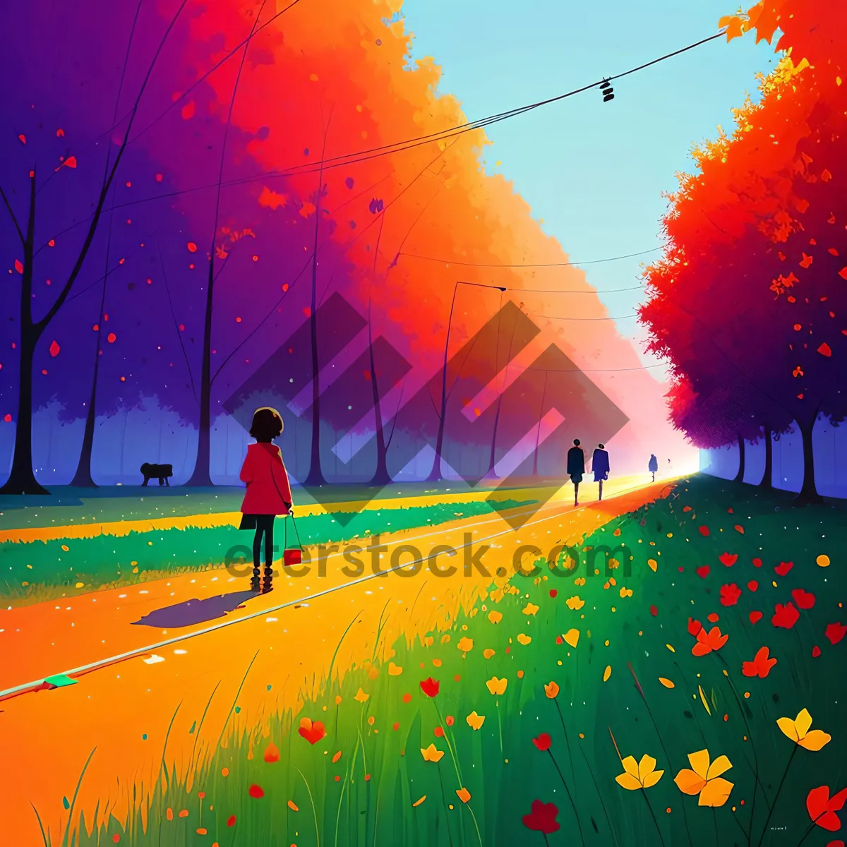 Picture of Vibrant Sunset Over Rural Meadow with Starry Sky